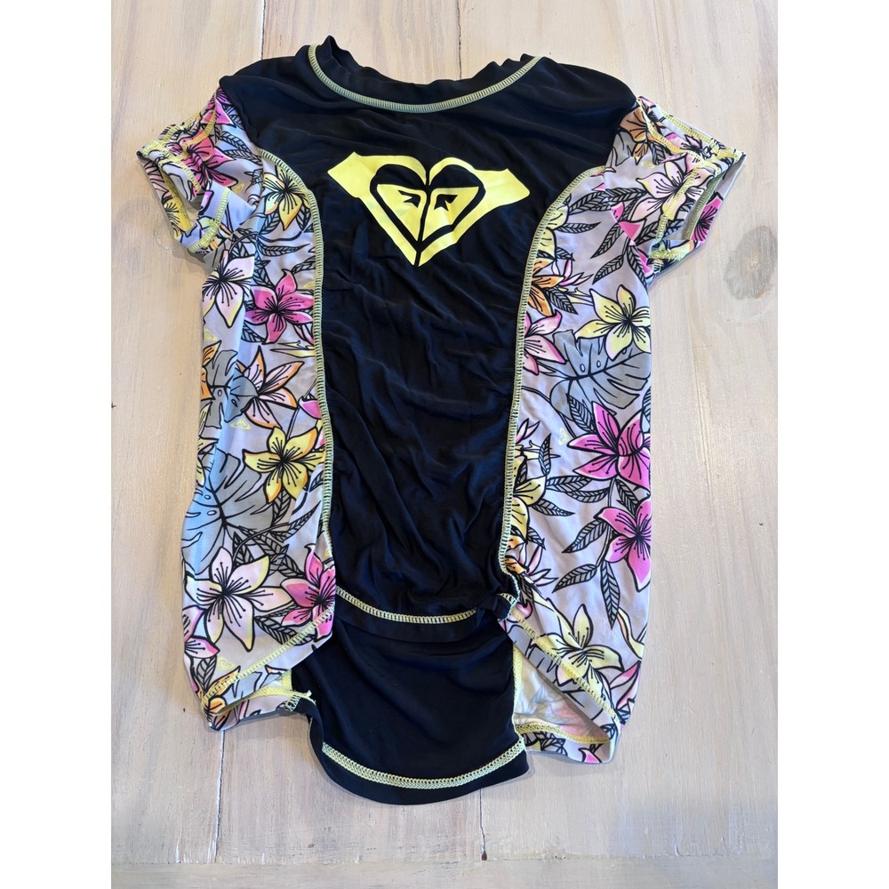 Roxy Girl Rash Guard Short Sleeve Black Floral Tropical Swim Shirt Logo Size 6